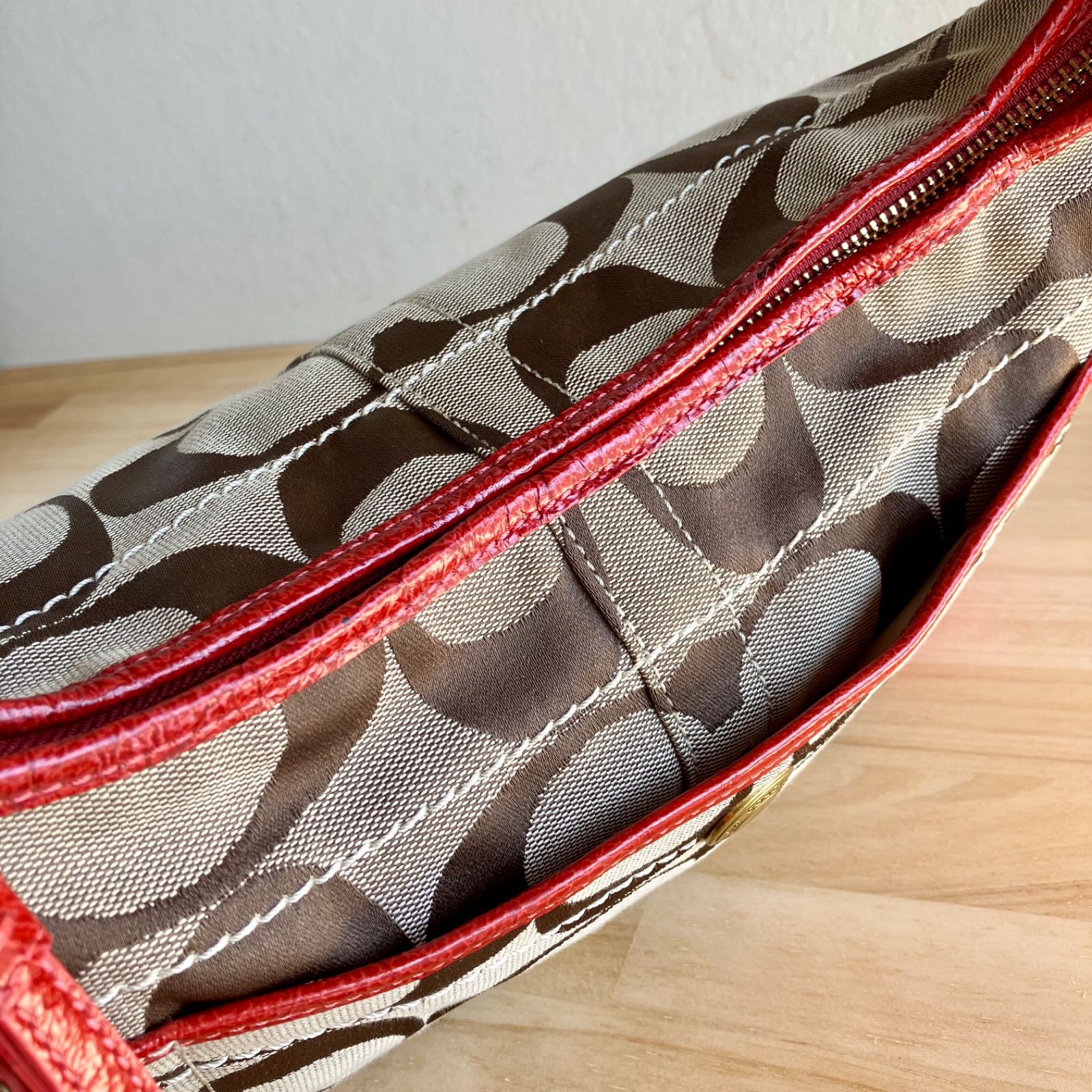 Coach Vintage y2k Signature Canvas Red Leather Hobo Shoulder Bag 