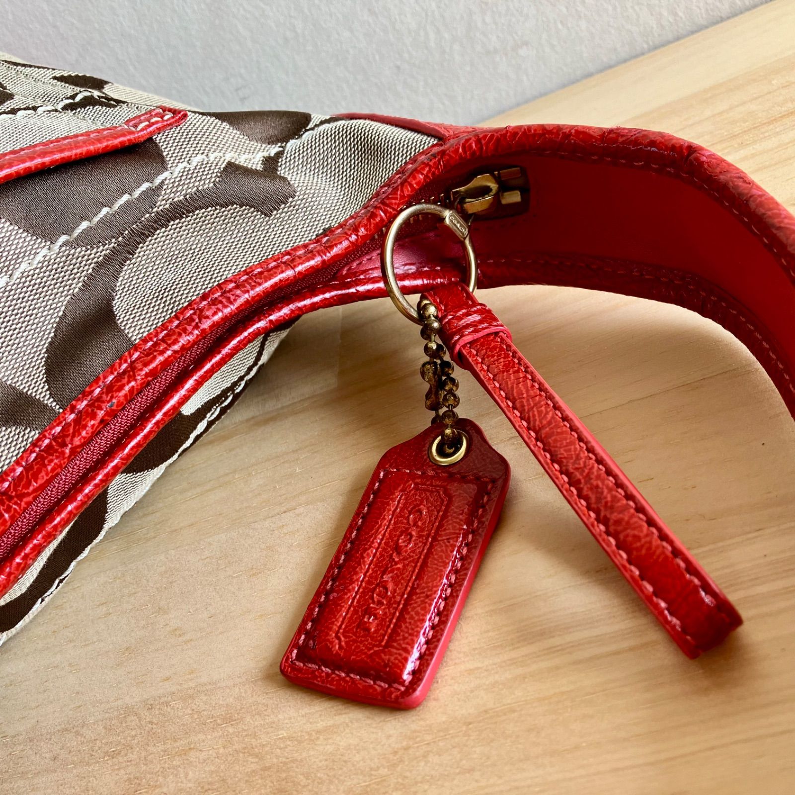 Coach Vintage y2k Signature Canvas Red Leather Hobo Shoulder Bag 