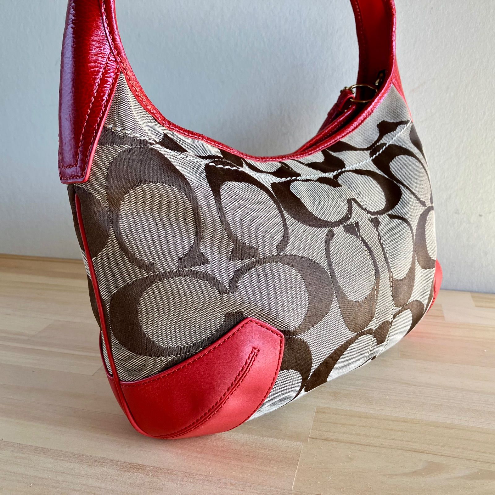 Coach Vintage y2k Signature Canvas Red Leather Hobo Shoulder Bag