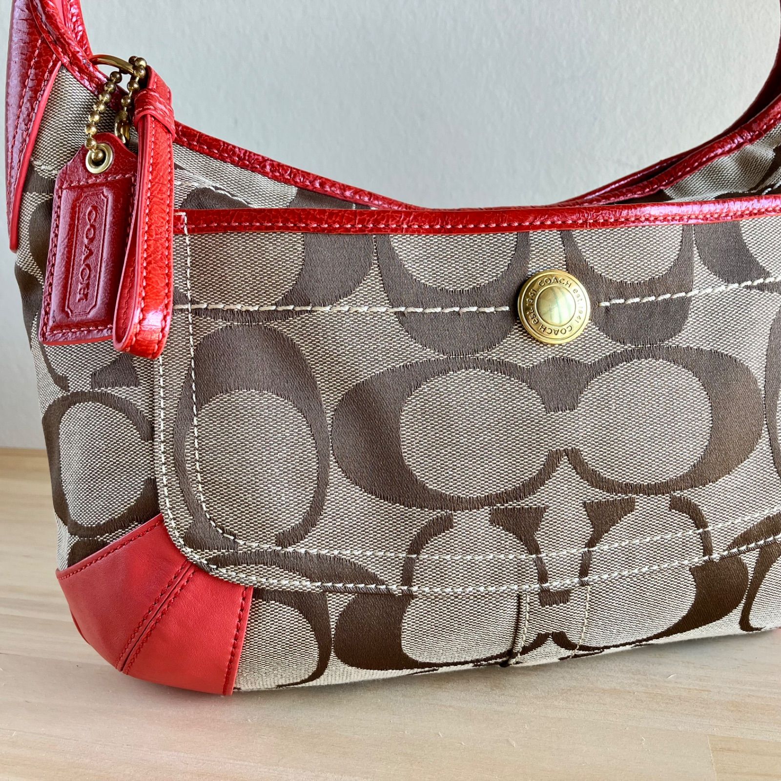 Coach Vintage y2k Signature Canvas Red Leather Hobo Shoulder Bag