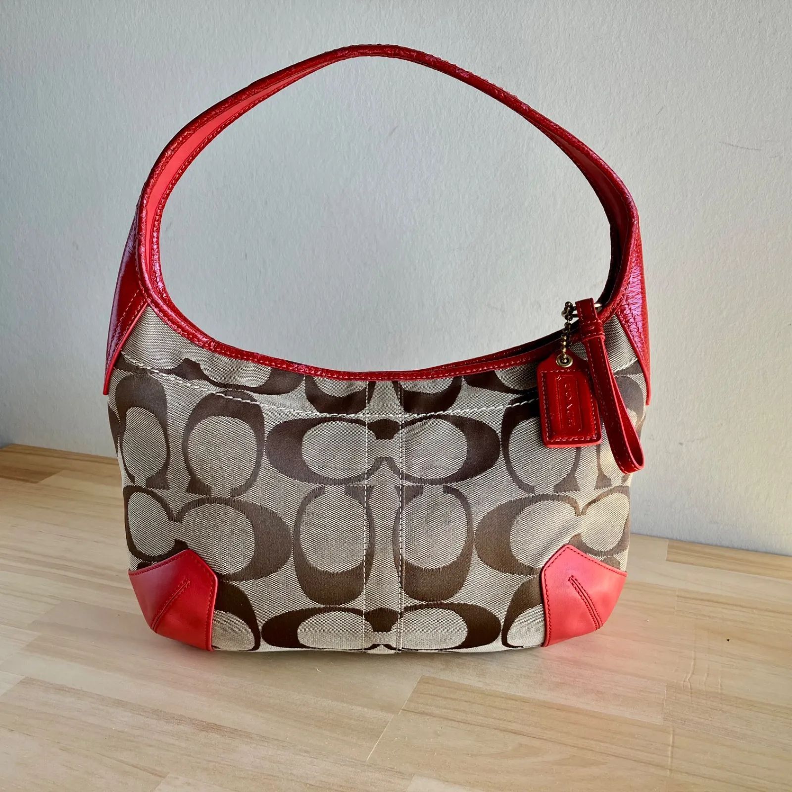 Coach Vintage y2k Signature Canvas Red Leather Hobo Shoulder Bag 
