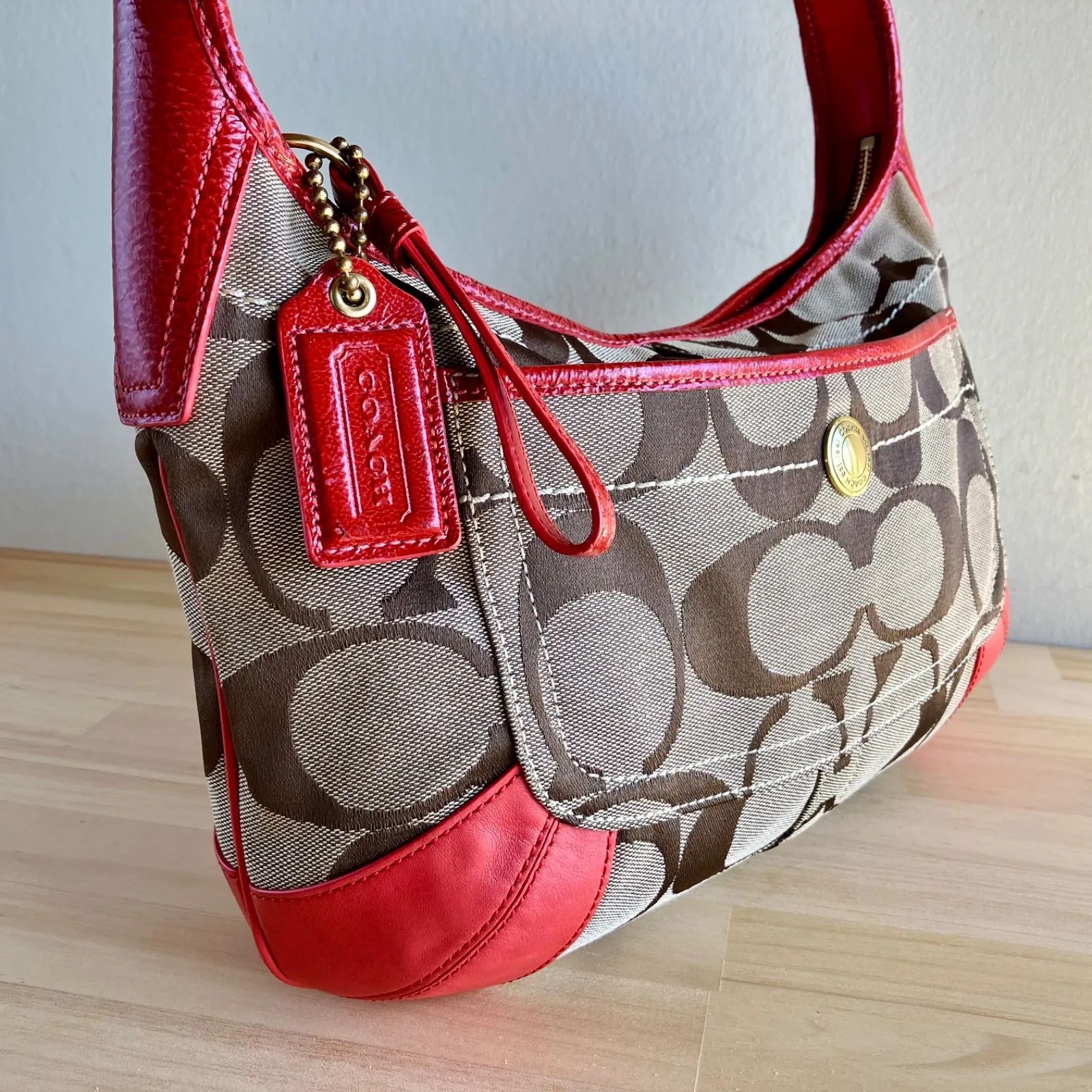 Coach Vintage y2k Signature Canvas Red Leather Hobo Shoulder Bag 