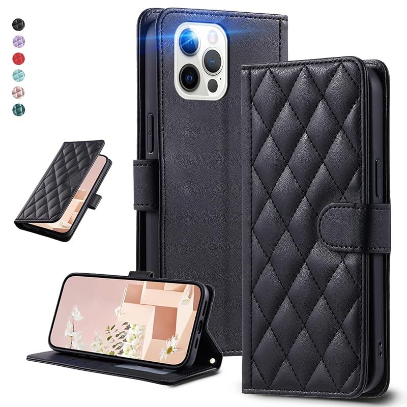 UnivoColors iPhone 11 Pro Max キルティグレザー調 手帳型ケース エレガント 高質PU マグネット開閉式 カード収納機能 スタンド機能 液晶全面保護 レンズ保護 ストラップ付属(ブラック)