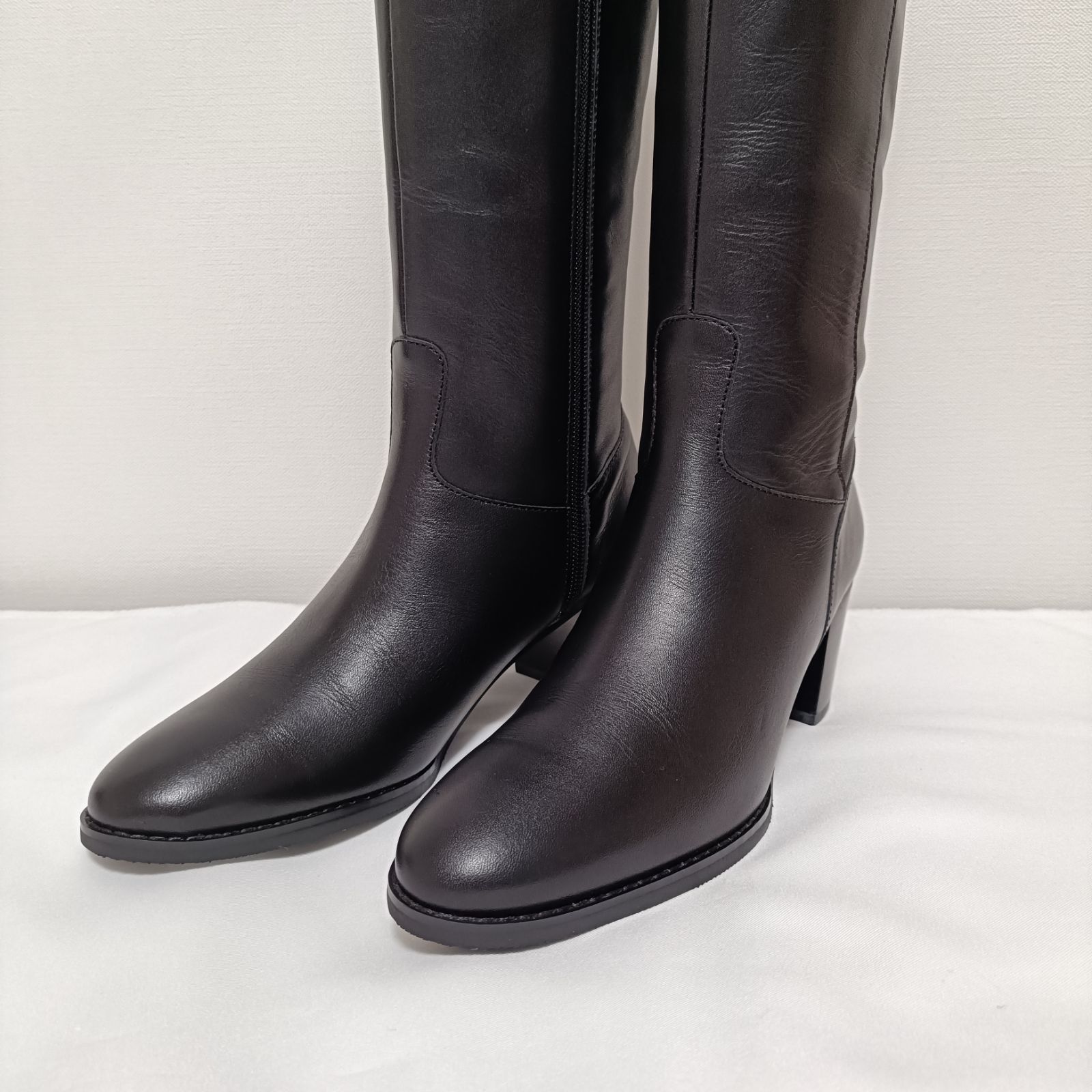 BARCLAY バークレー ロングブーツ 本革上質レザー サイドジップ 24.5 cm ブラック アーモンドトゥ 美脚