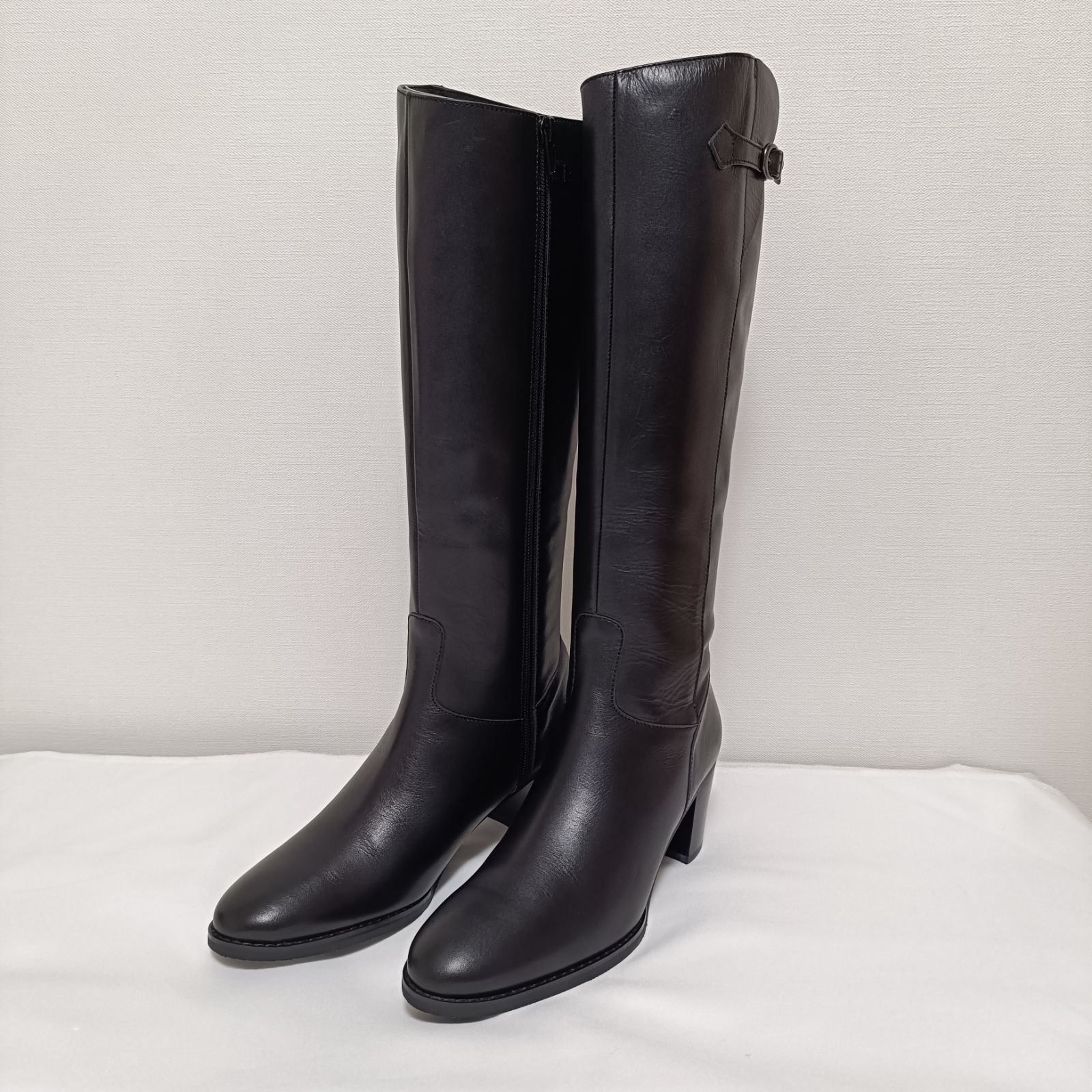 BARCLAY バークレー ロングブーツ 本革上質レザー サイドジップ 24.5 cm ブラック アーモンドトゥ 美脚