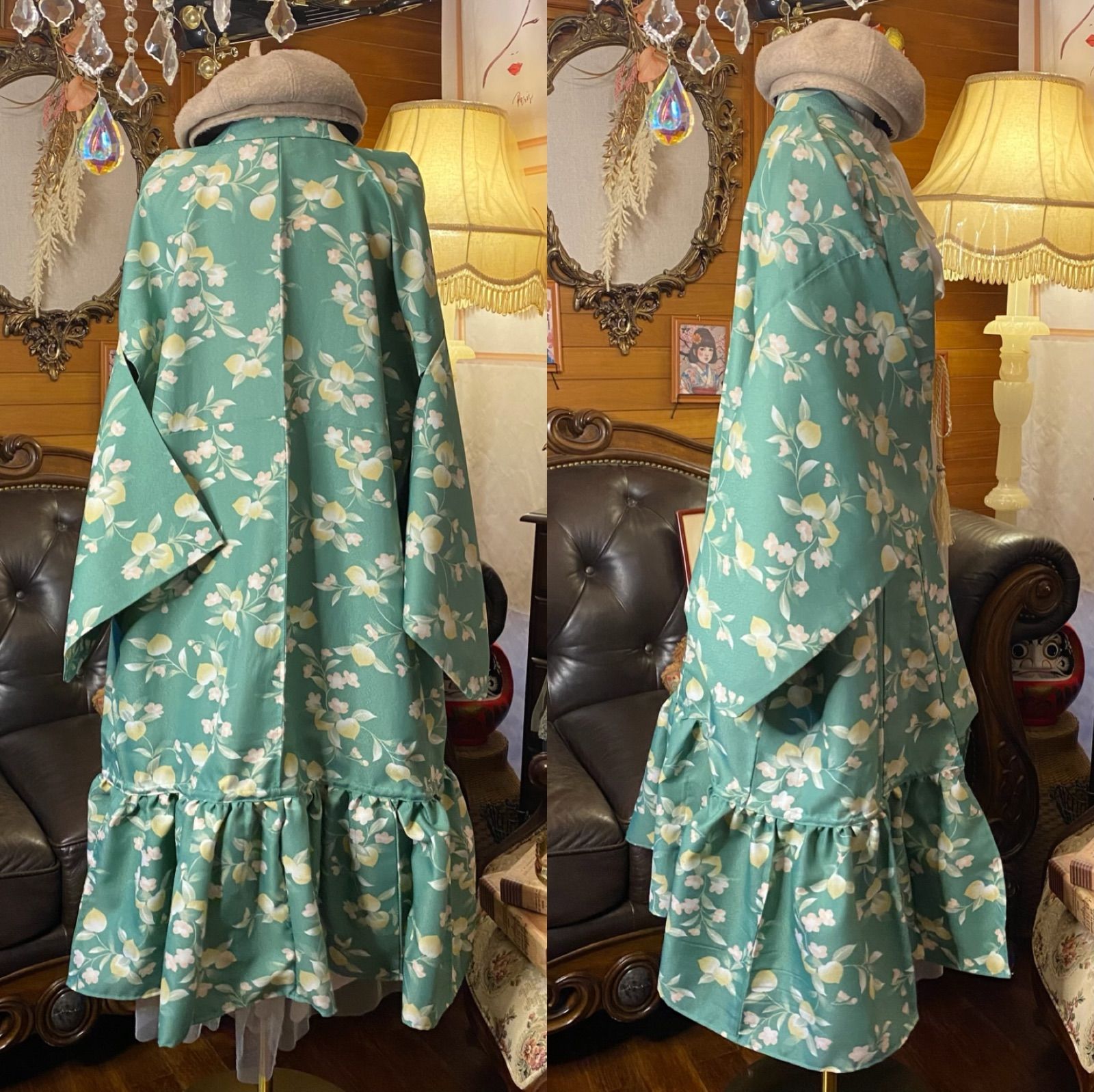  単衣着物 2 way ガウン 羽織り ドレス ワンピース ハンドメイド 和洋折衷 洗える 化繊 リメイク 帯サッシュベルト レトロ 古着 春を纏う 桃源郷の夢 KD 83 その他 ファッション