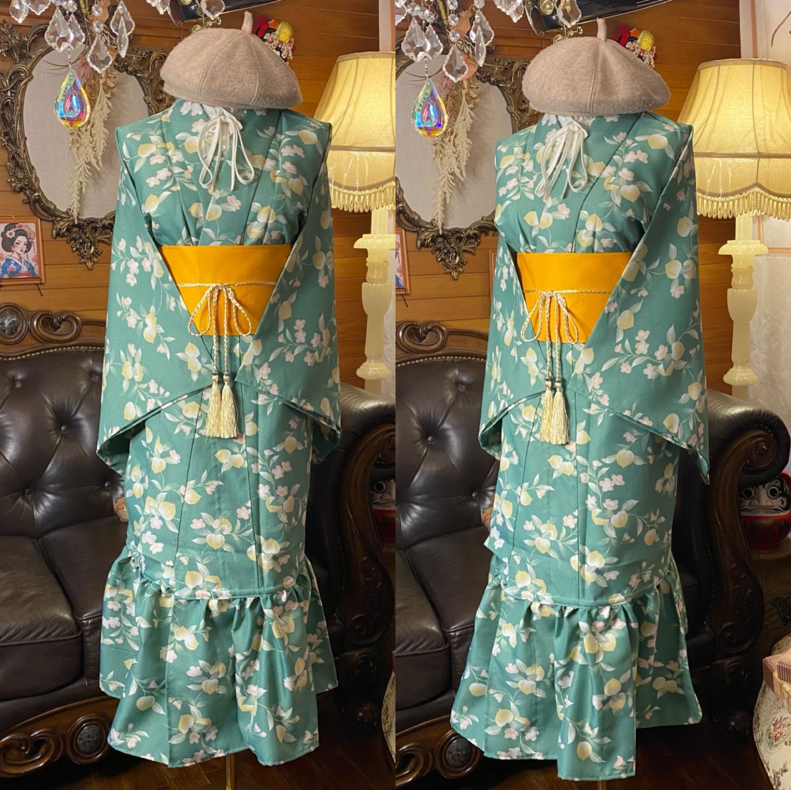 単衣着物 2 way ガウン 羽織り ドレス ワンピース ハンドメイド 和洋折衷 洗える 化繊 リメイク 帯サッシュベルト レトロ 古着 春を纏う 桃源郷の夢 KD-83