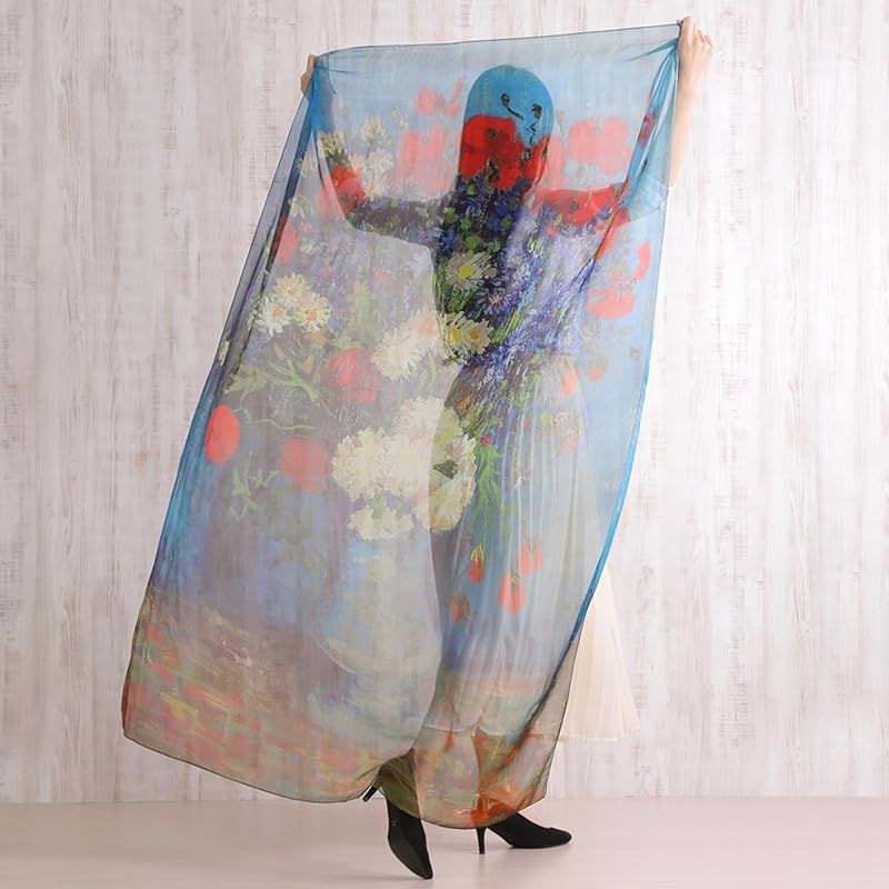 彡 Anemos シルク 100％ 印象派 フィンセント ファン ゴッホ 花瓶のヤグルマギクとケシ シフォンシルク 大判 名画 ストール ギフト 0