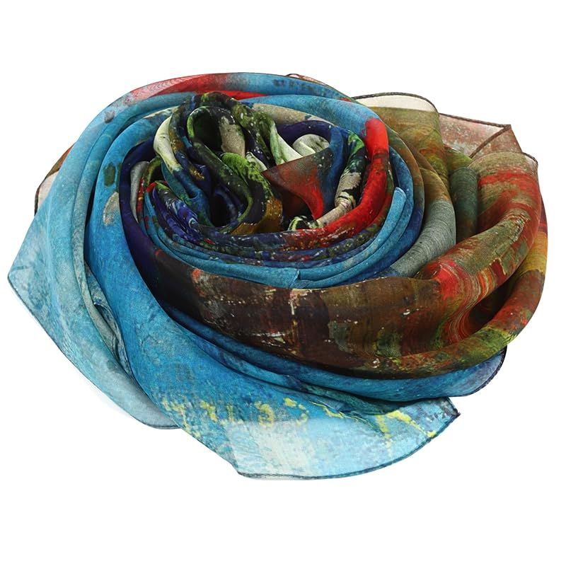 彡 Anemos シルク 100％ 印象派 フィンセント ファン ゴッホ 花瓶のヤグルマギクとケシ シフォンシルク 大判 名画 ストール ギフト 0