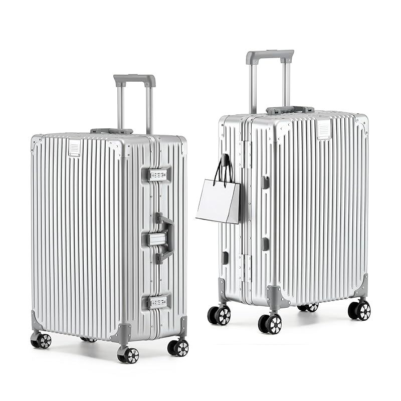 Yuweijie 銀色系ボディー を改良 スーツケース アルミフレーム キャリー ケース機内持ち込み 預け入れスーツケース 大型トロリーケース 軽量キャリーバッグ 静音ダブルキャスター 耐衝撃 旅行 ビジネス 出張 tsaロック付 保護カバー付き 1