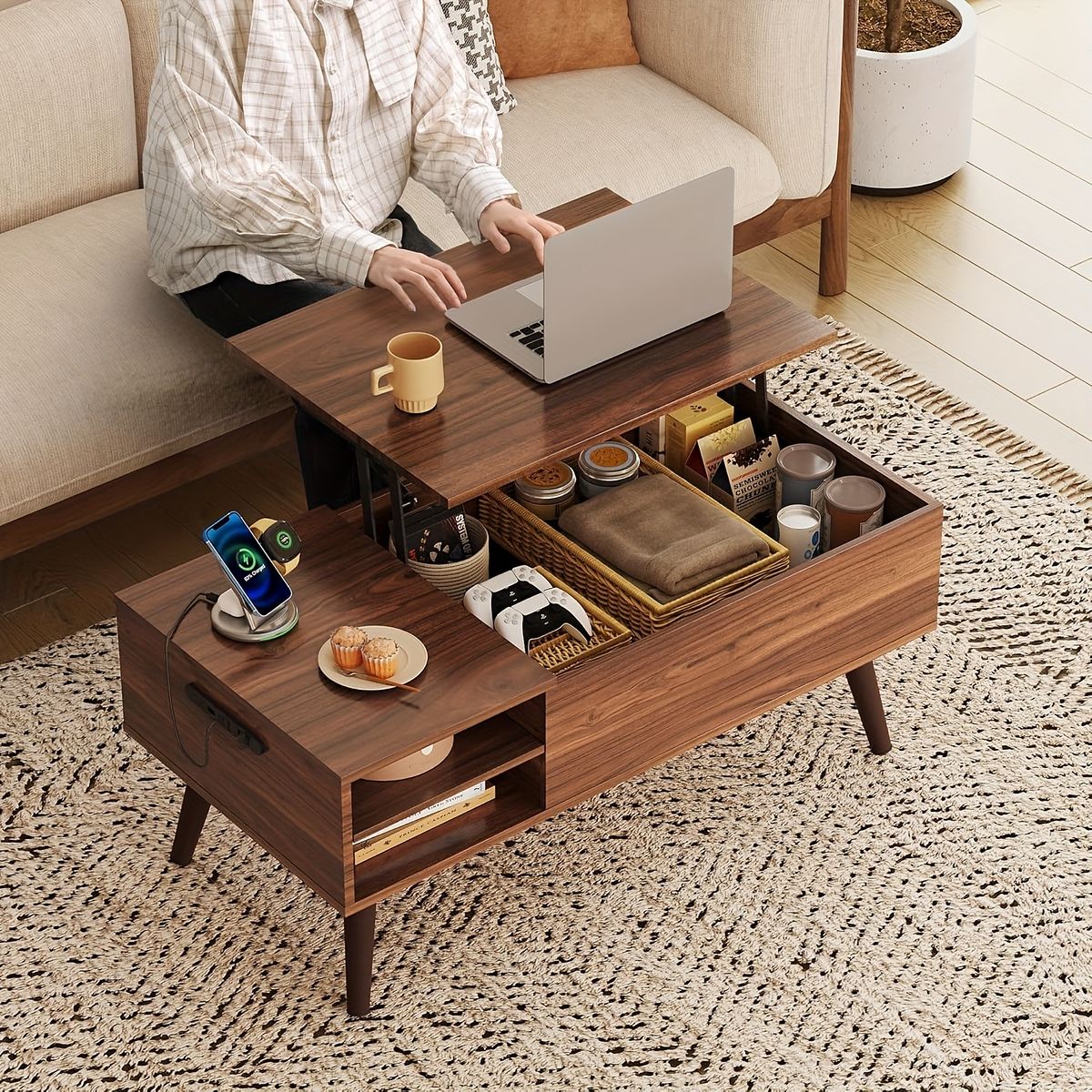 メルカリ最安値☆ コーヒーテーブル 高さ調節＆大容量収納】昇降式 コーヒーテーブル リビングテーブル