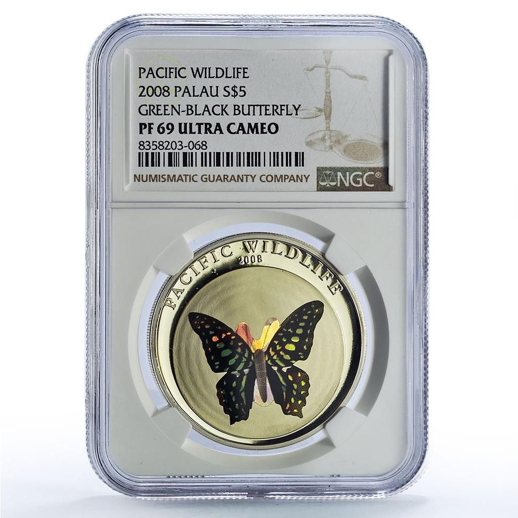 パラオ 5ドル グリーンブラック バタフライ 野生動物 動物 PF 69 NGC 銀貨 2008年