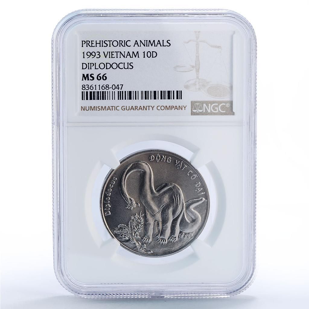 ベトナム 10ドン ディプロドク 先史時代の動物 恐竜 MS66 NGC CuNi コイン 1993年