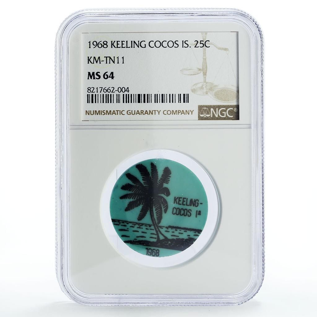 キーリング ココス 25セント パームツリー シービーチ KM Tn 11 アクアブルー MS 64 NGCコイン 1968年