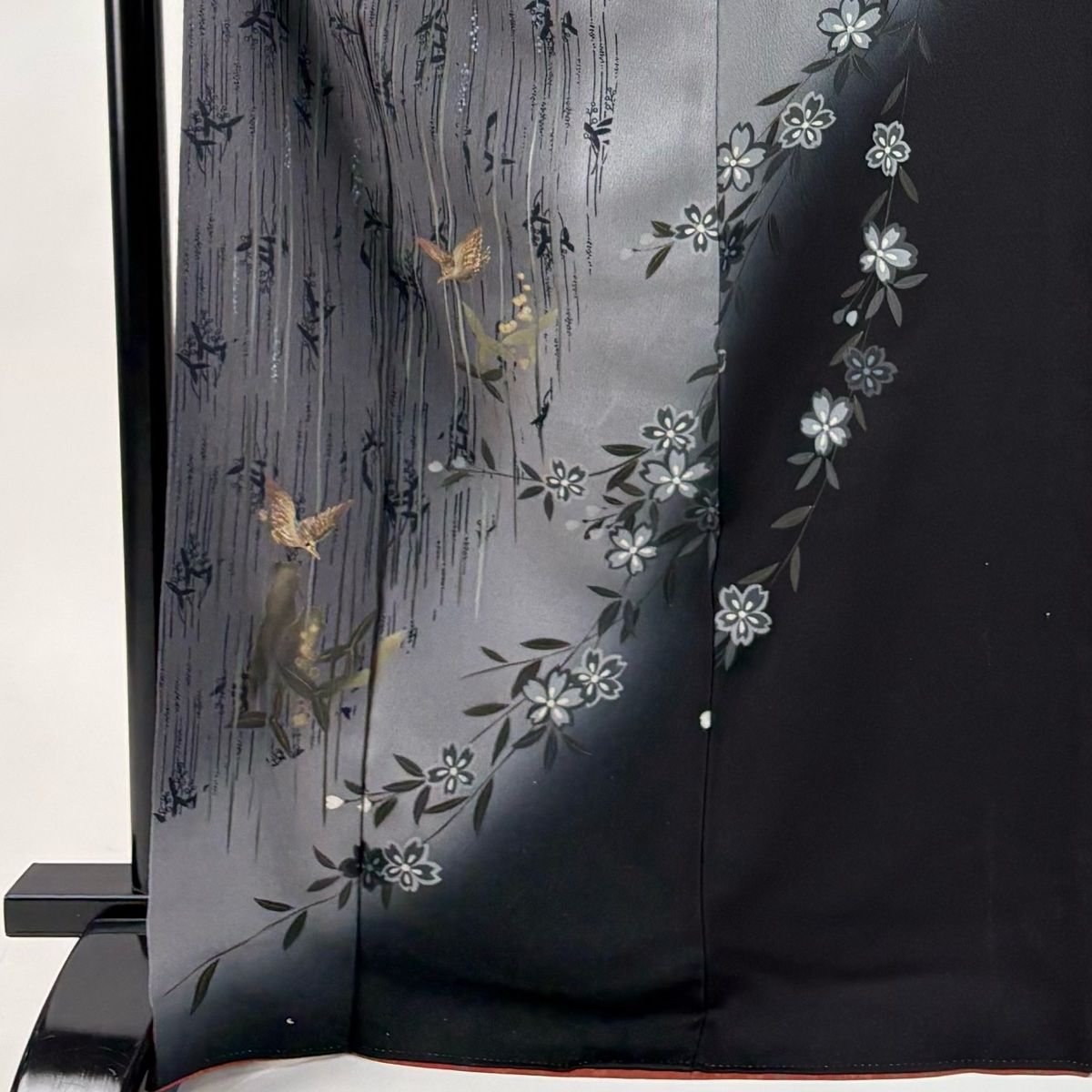 訪問着 身丈167.5 cm 裄丈68.5 L 袷 鳥 枝垂れ桜 金彩 ぼかし 灰色 正絹
