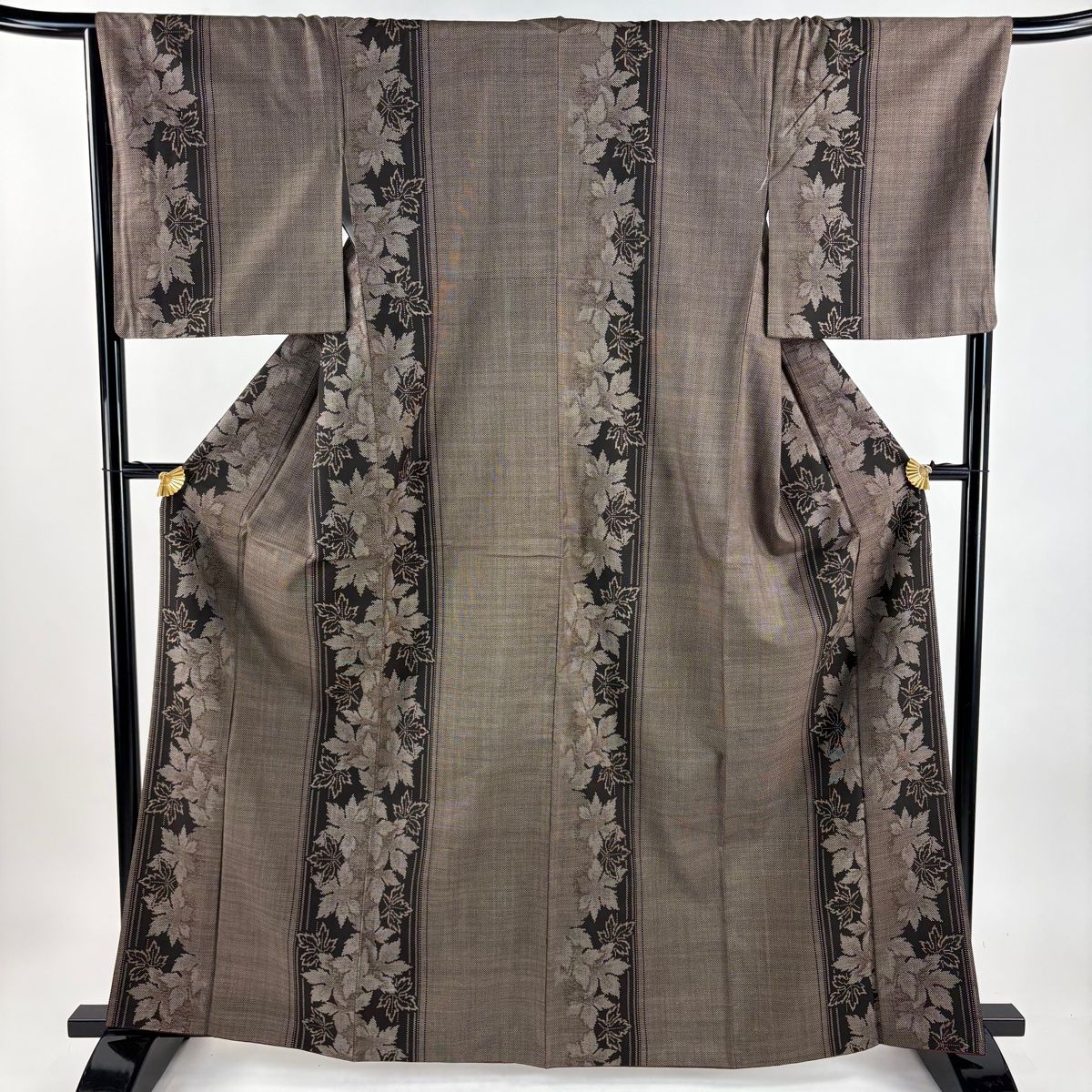 大島紬 身丈163 5 cm 裄丈66 M 袷 純泥染 証紙 葉 縦縞 焦茶色 正絹