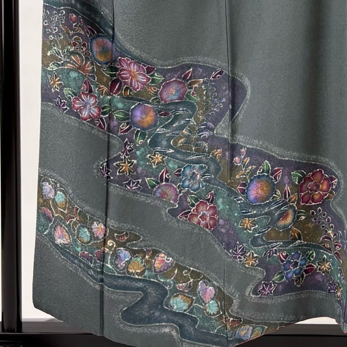 訪問着 身丈157 cm 裄丈64 M 袷 草花 霞 灰緑 正絹 秀品