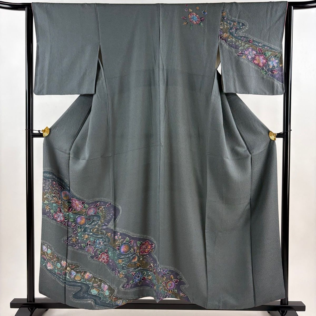 訪問着 身丈157 cm 裄丈64 M 袷 草花 霞 灰緑 正絹 秀品