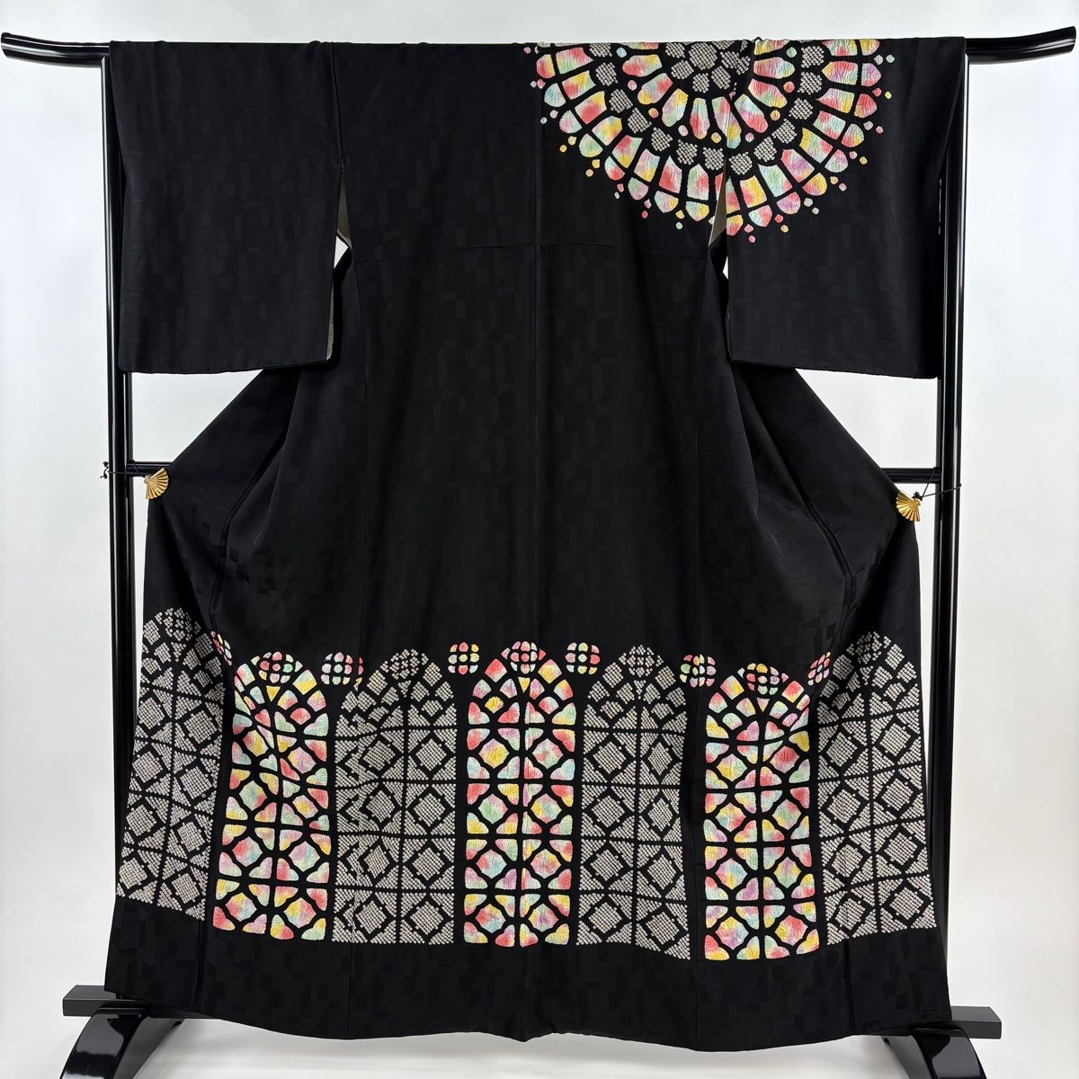 訪問着 身丈163 5 cm 裄丈67 M 袷 ステンドグラス 絞り 黒 正絹 秀品