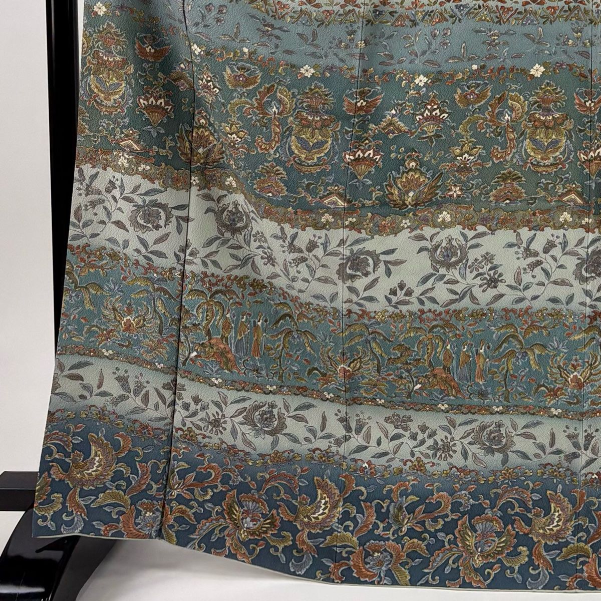 訪問着 身丈167.5 cm 裄丈65 M 袷 人物 更紗 染め分け 灰緑 正絹 秀品