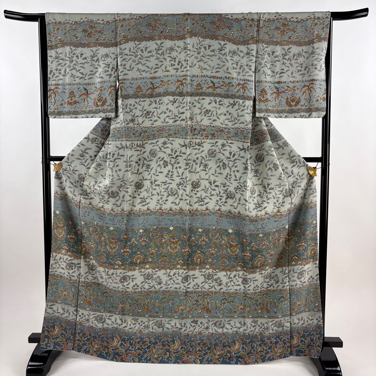 訪問着 身丈167.5 cm 裄丈65 M 袷 人物 更紗 染め分け 灰緑 正絹 秀品