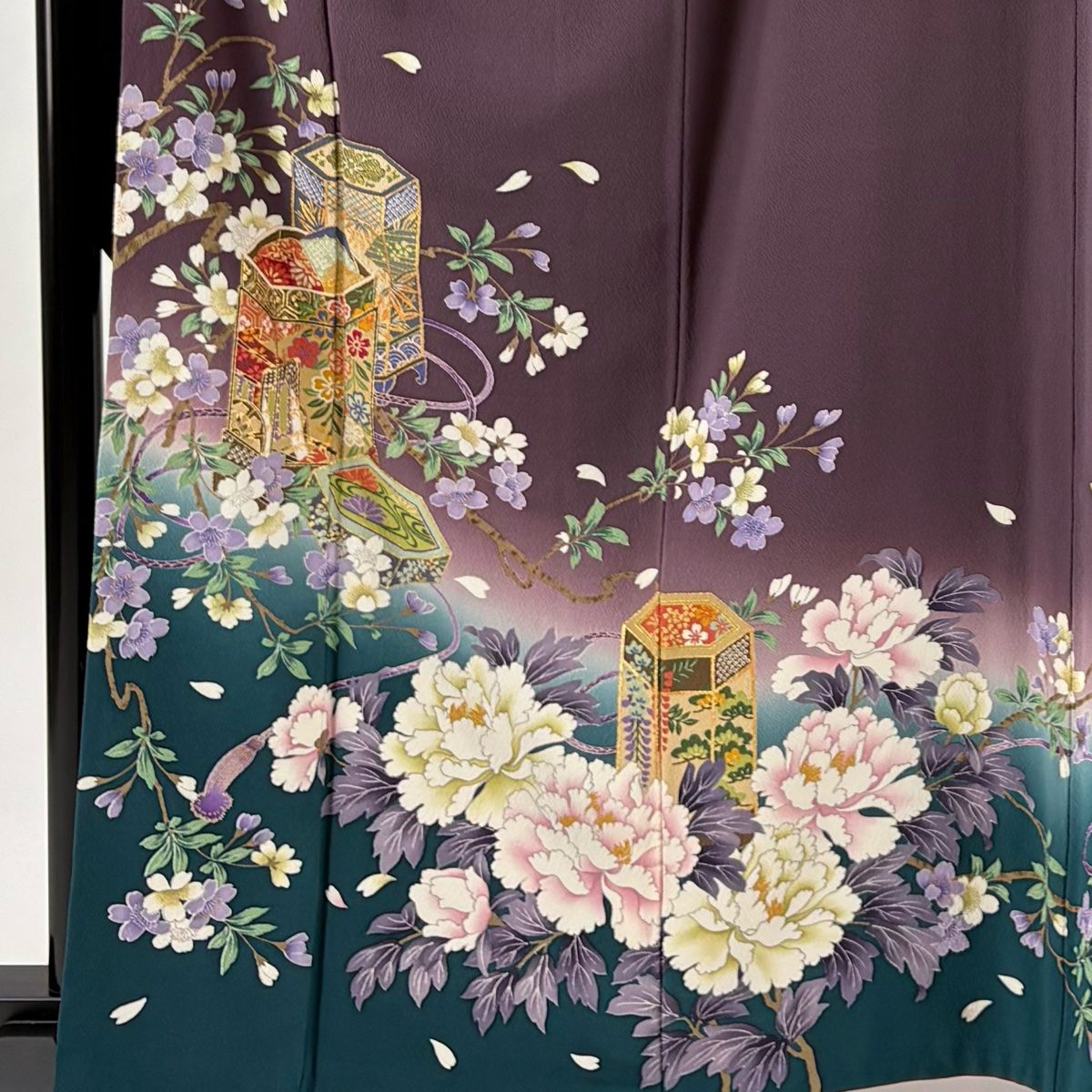 振袖 身丈163 cm 裄丈68 L 袷 貝桶 桜 金彩 ぼかし 紫 正絹 秀品