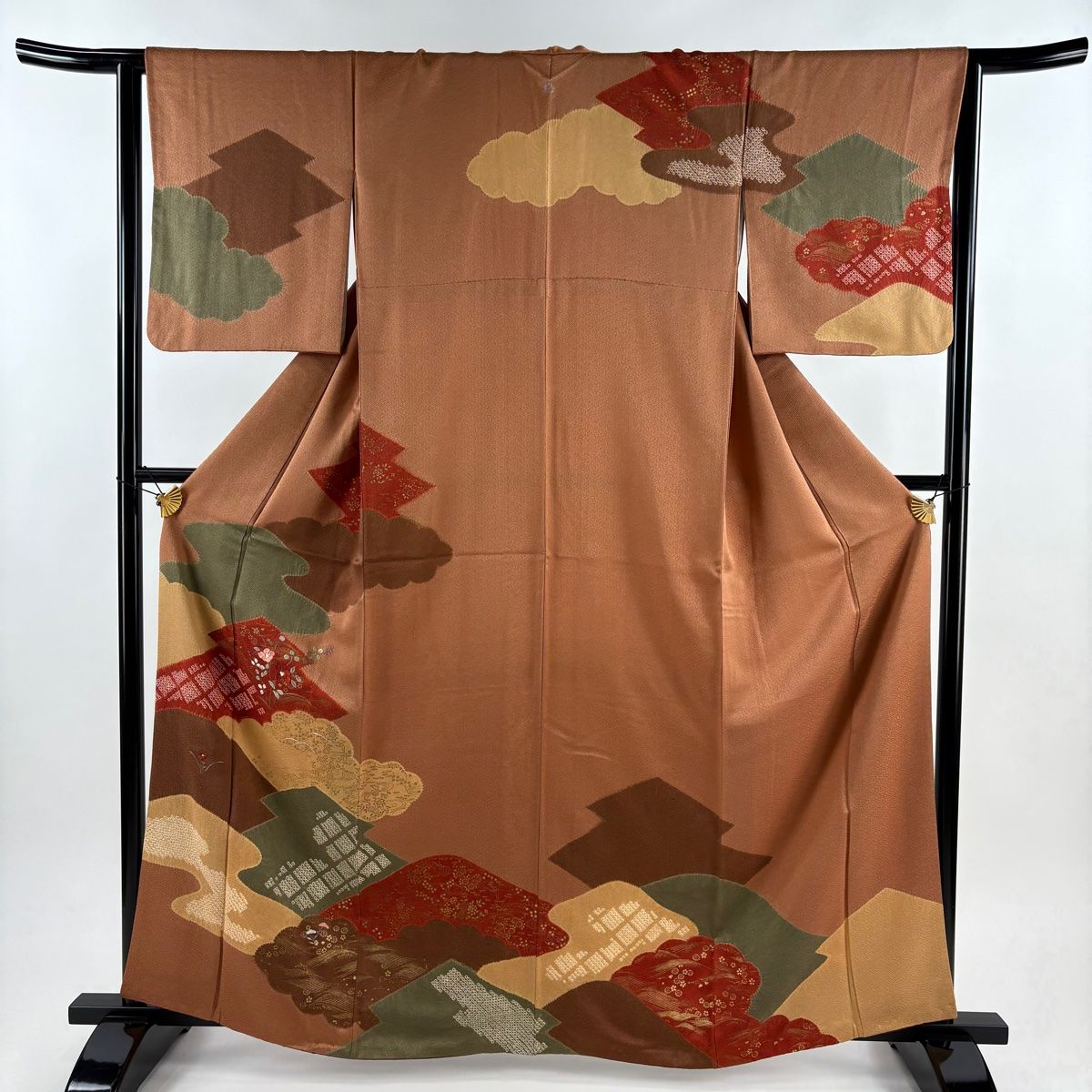 訪問着 身丈162.5cm 裄丈64cm M 袷 椿 雲文 刺繍 絞り 茶色 正絹 秀品 一つ紋 【】