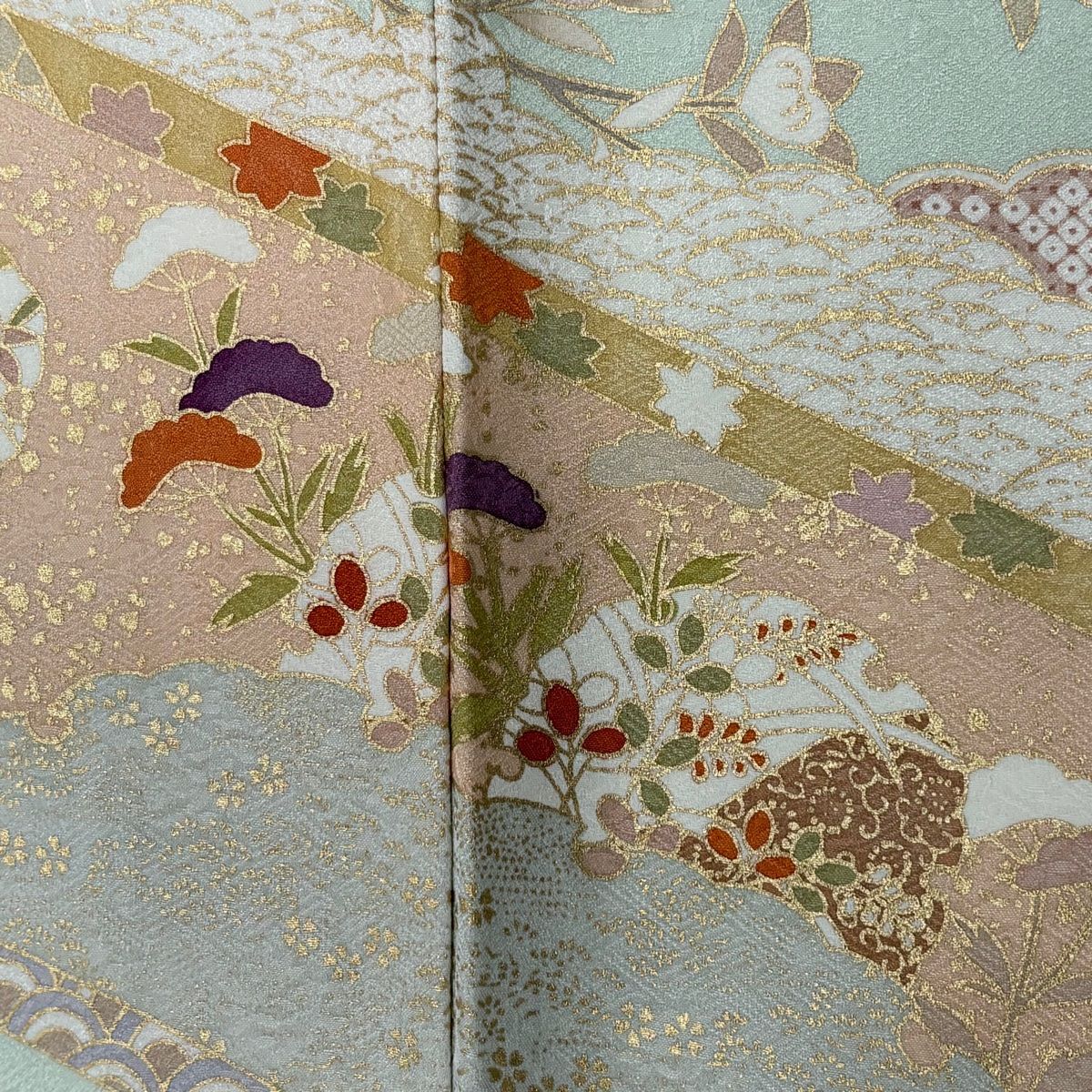  訪問着 身丈158 cm 裄丈64 5 M 袷 雪輪 草花 金糸 金彩 薄緑 正絹 秀品 訪問着 付け下げ 着物