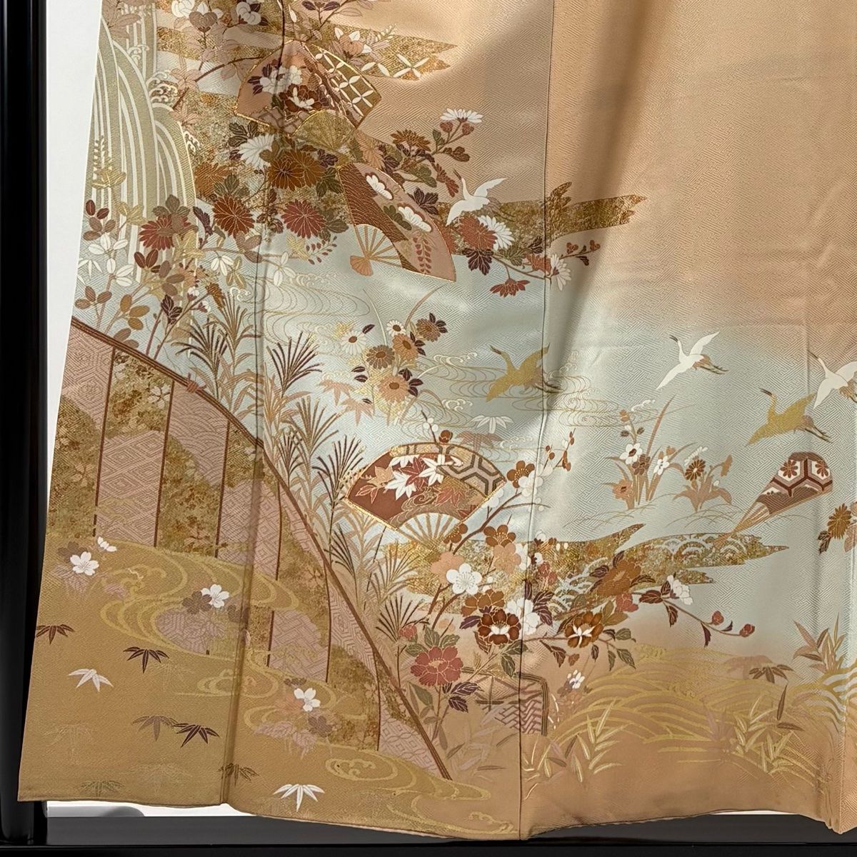 訪問着 身丈157 cm 裄丈62 5 S 袷 扇 草花 金糸 金彩 ベージュ 正絹 秀品