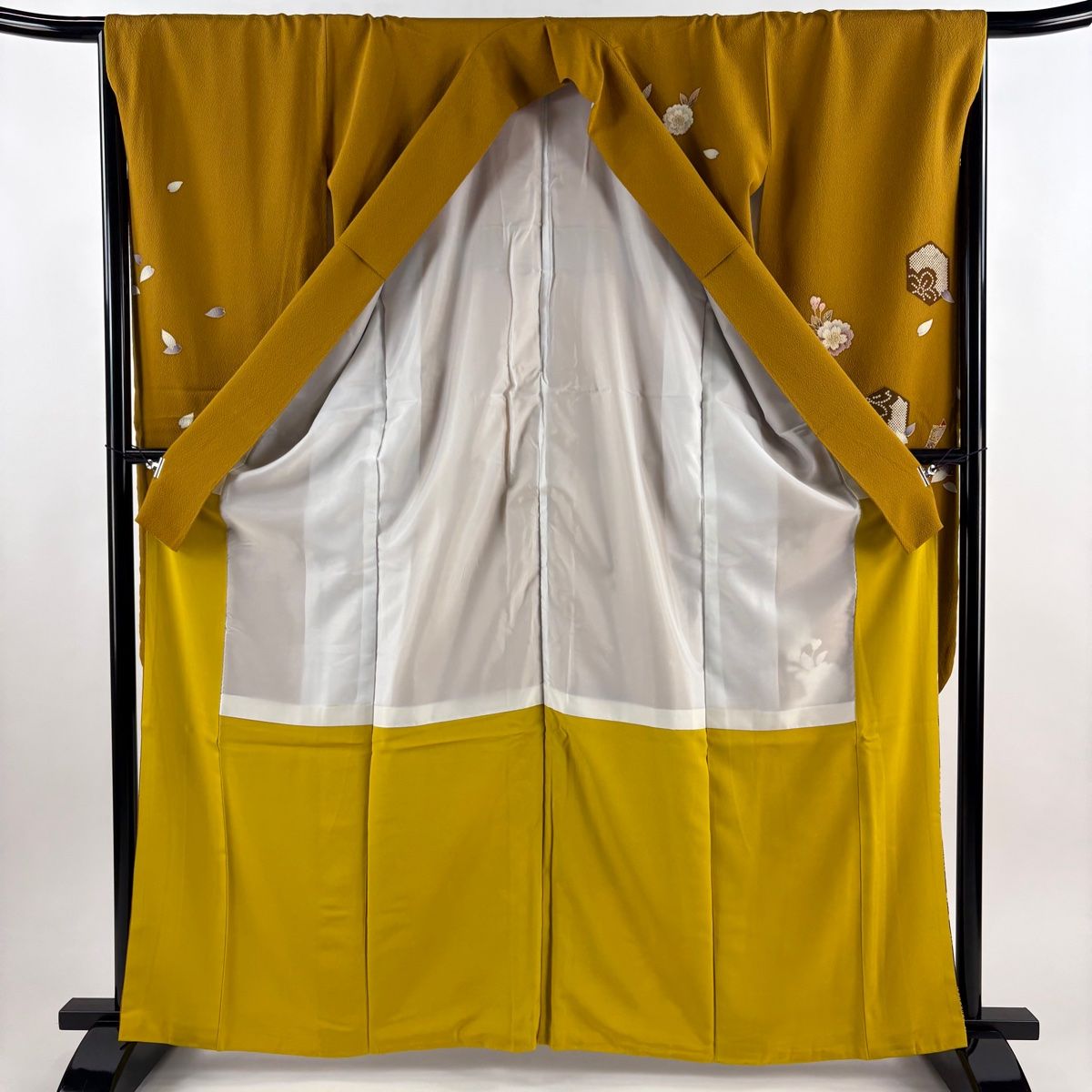 振袖 身丈163cm 裄丈66cm M 袷 桜 結び文 金彩 縮緬 山吹茶色 正絹 秀