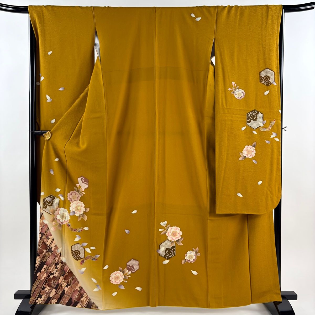 振袖 身丈163cm 裄丈66cm M 袷 桜 結び文 金彩 縮緬 山吹茶色 正絹 秀