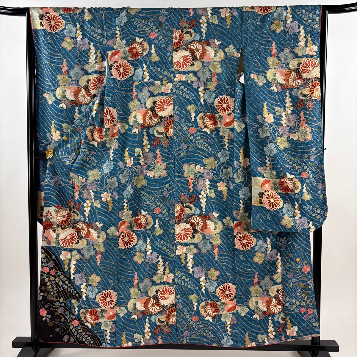 振袖 身丈158 cm 裄丈65 M 袷 菊 波 金銀彩 青 正絹 秀品