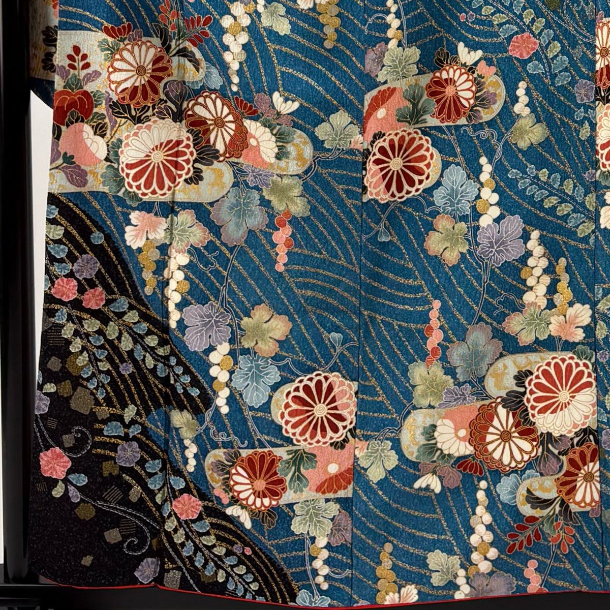 振袖 身丈158 cm 裄丈65 M 袷 菊 波 金銀彩 青 正絹 秀品