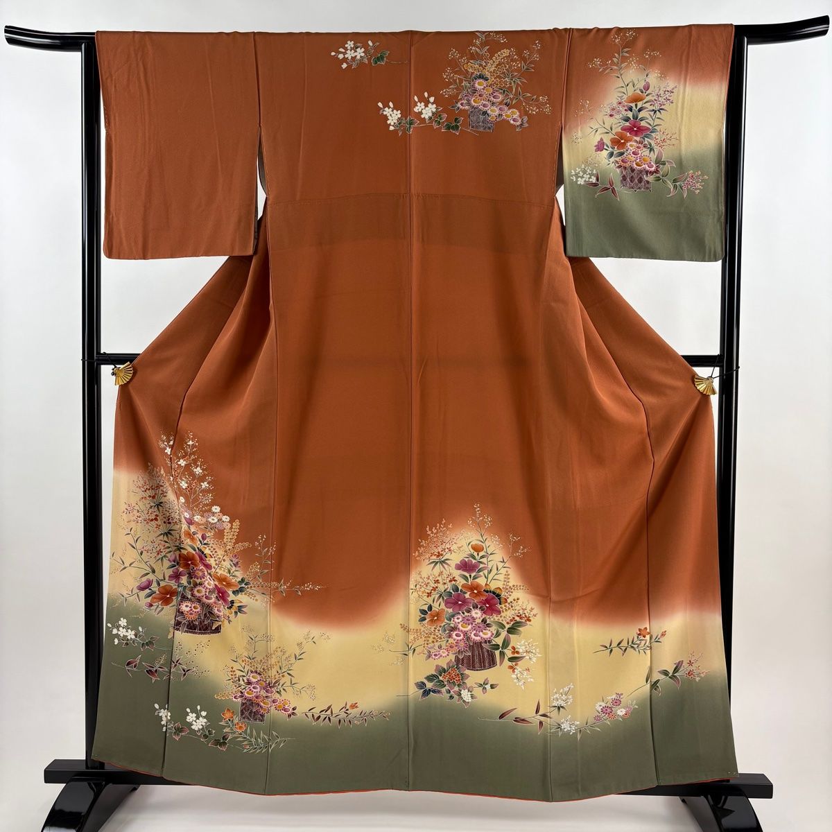 訪問着 身丈159 cm 裄丈63 S 袷 花籠 草花 金彩 染め分け 赤茶 正絹 秀品