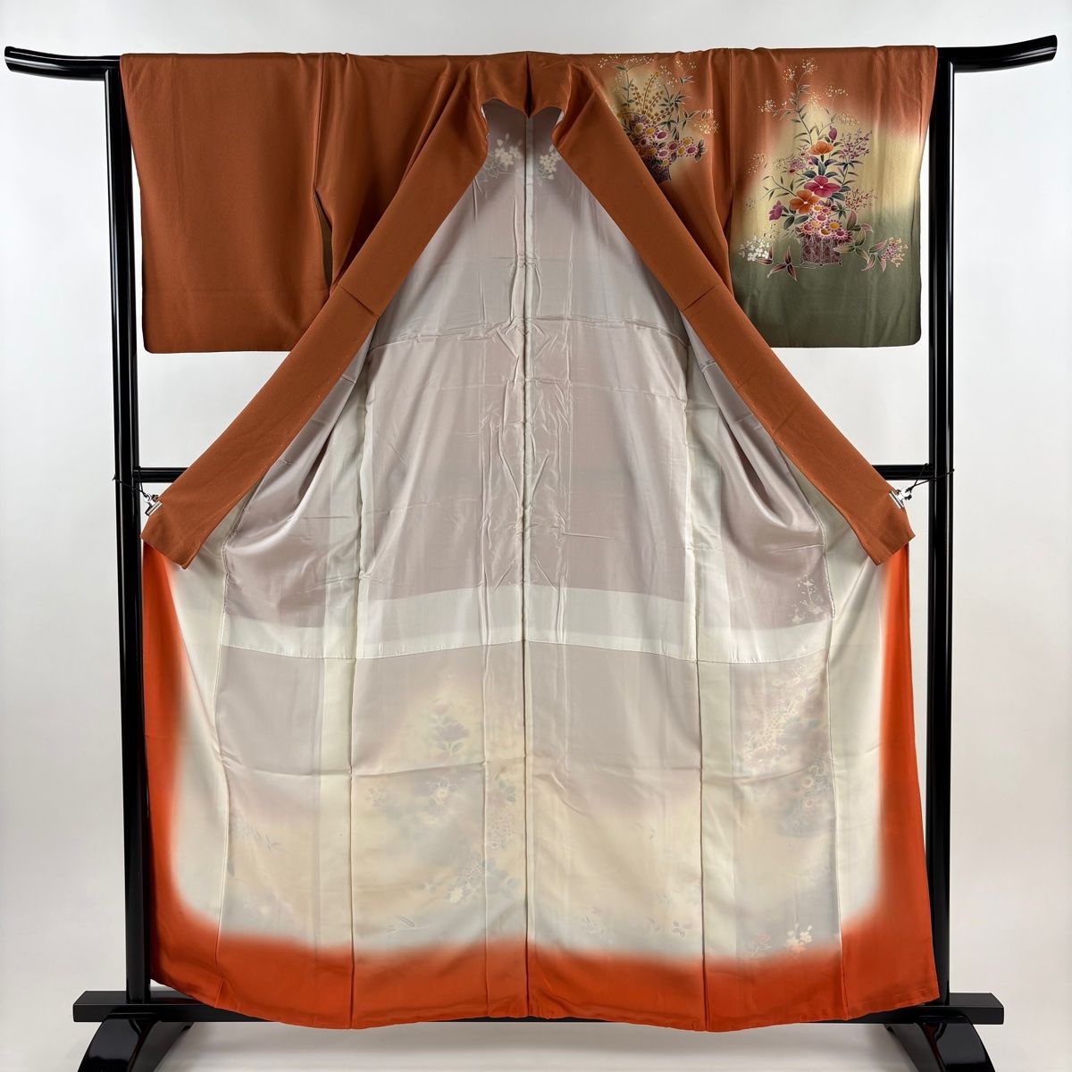  訪問着 身丈159 cm 裄丈63 S 袷 花籠 草花 金彩 染め分け 赤茶 正絹 秀品 訪問着 付け下げ 着物