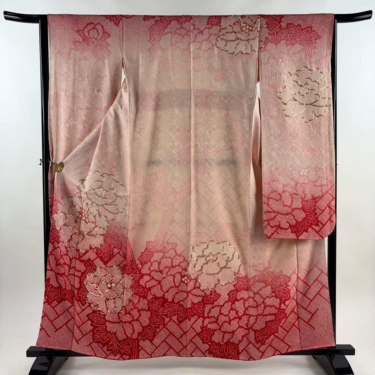 振袖 身丈159 cm 裄丈63 S 袷 やまと 牡丹 桧垣 金糸 総絞り 濃ピンク 正絹 秀品