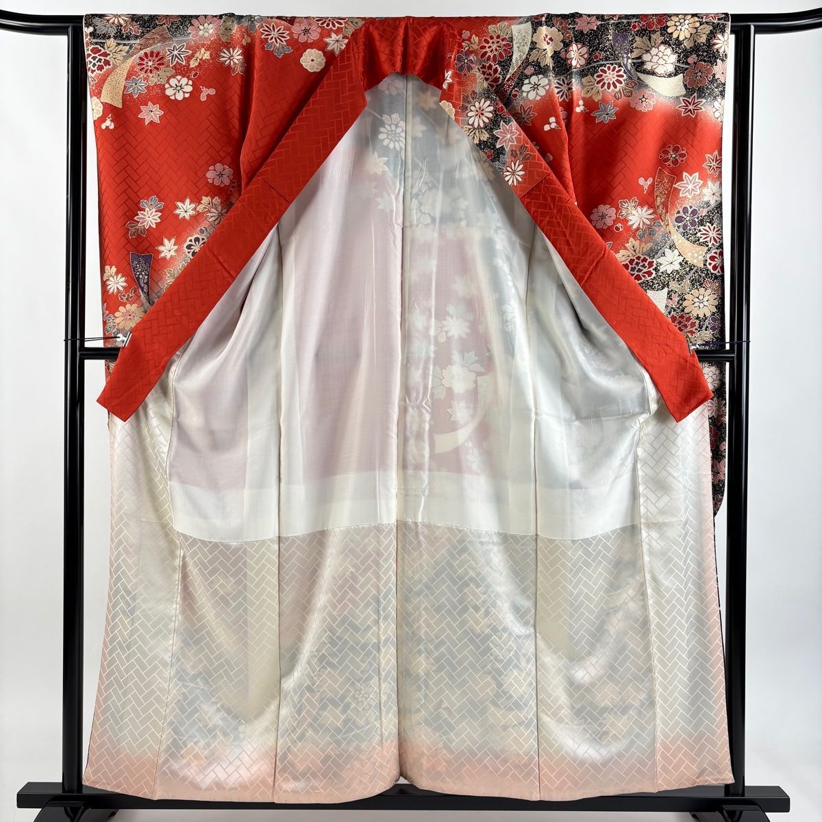  振袖 身丈158 cm 裄丈63 S 袷 短冊 草花 金彩 金糸 朱色 正絹 秀品 振袖 着物