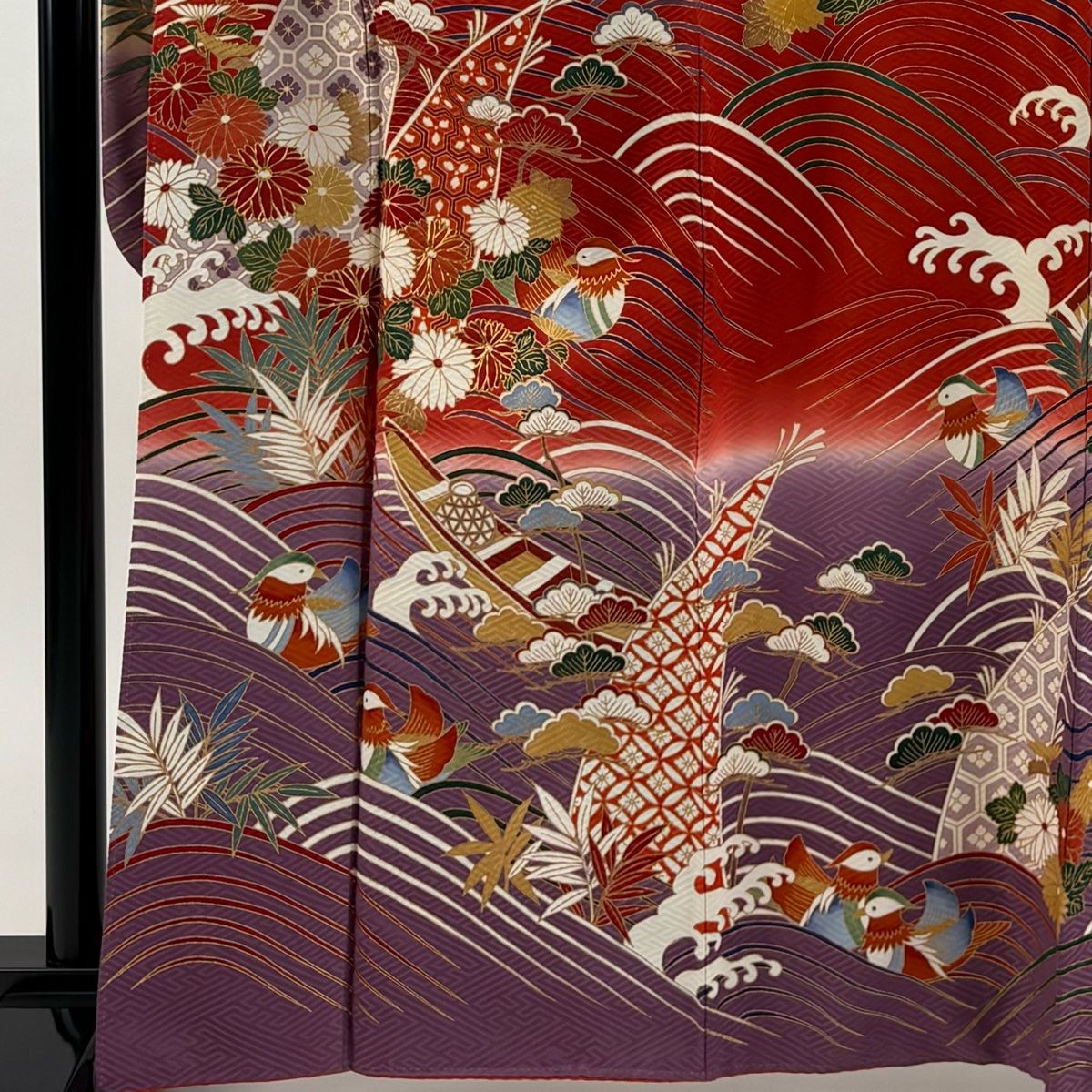 振袖 身丈164 cm 裄丈65 M 袷 草花 鴛鴦 金糸 金彩 赤 正絹 秀品