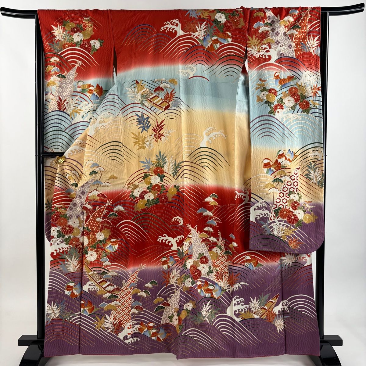 振袖 身丈164 cm 裄丈65 M 袷 草花 鴛鴦 金糸 金彩 赤 正絹 秀品