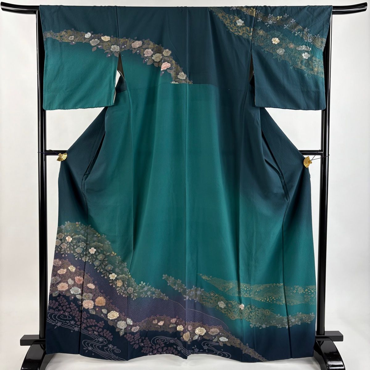 訪問着 身丈167cm 裄丈67cm M 袷 草花 流水 刺繍 金銀糸 緑 正絹 秀品