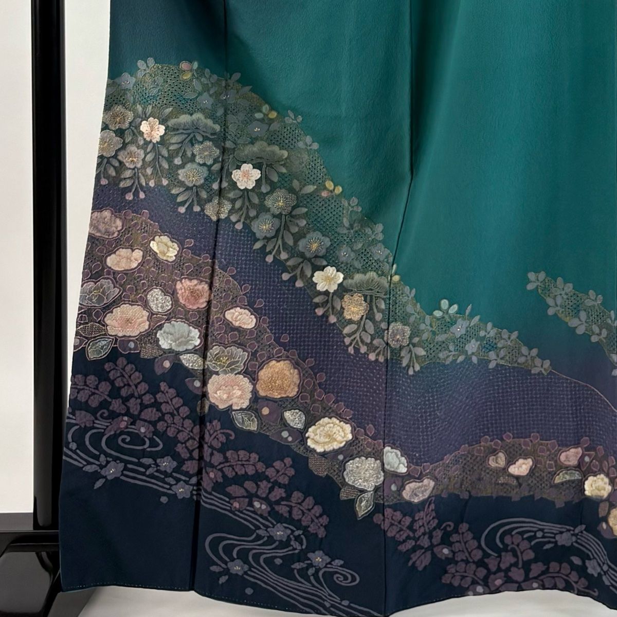 訪問着 身丈167cm 裄丈67cm M 袷 草花 流水 刺繍 金銀糸 緑 正絹 秀品