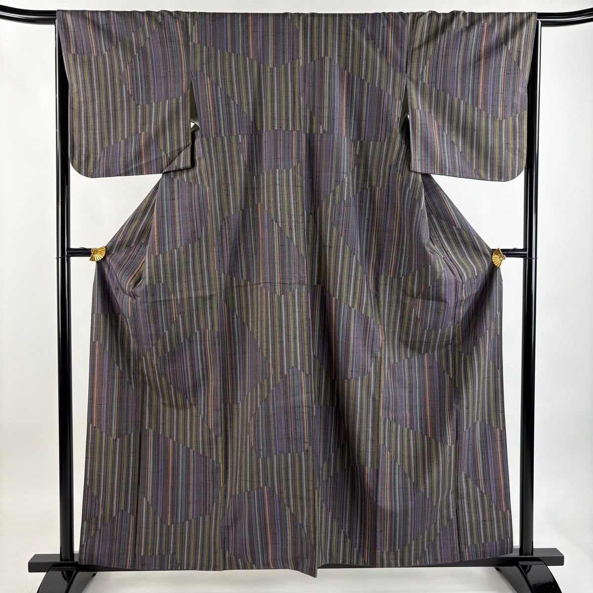 小紋 身丈159 5 cm 裄丈67 M 袷 紬地 縞 幾何学模様 灰紫 正絹 秀品