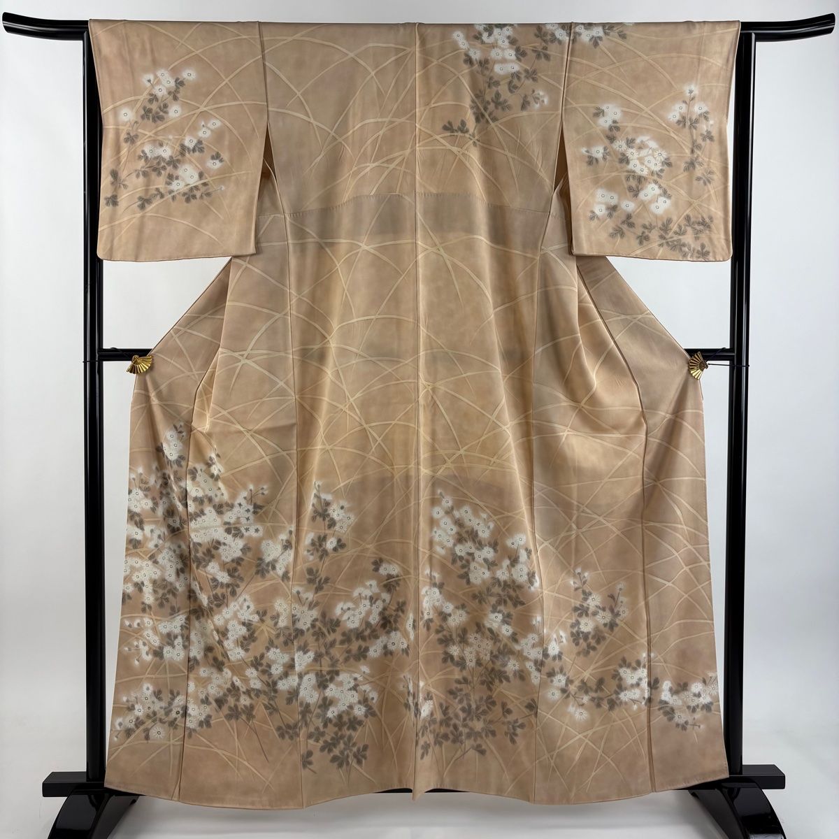 訪問着 身丈161 cm 裄丈65 M 袷 草花 ぼかし 薄茶色 正絹 秀品