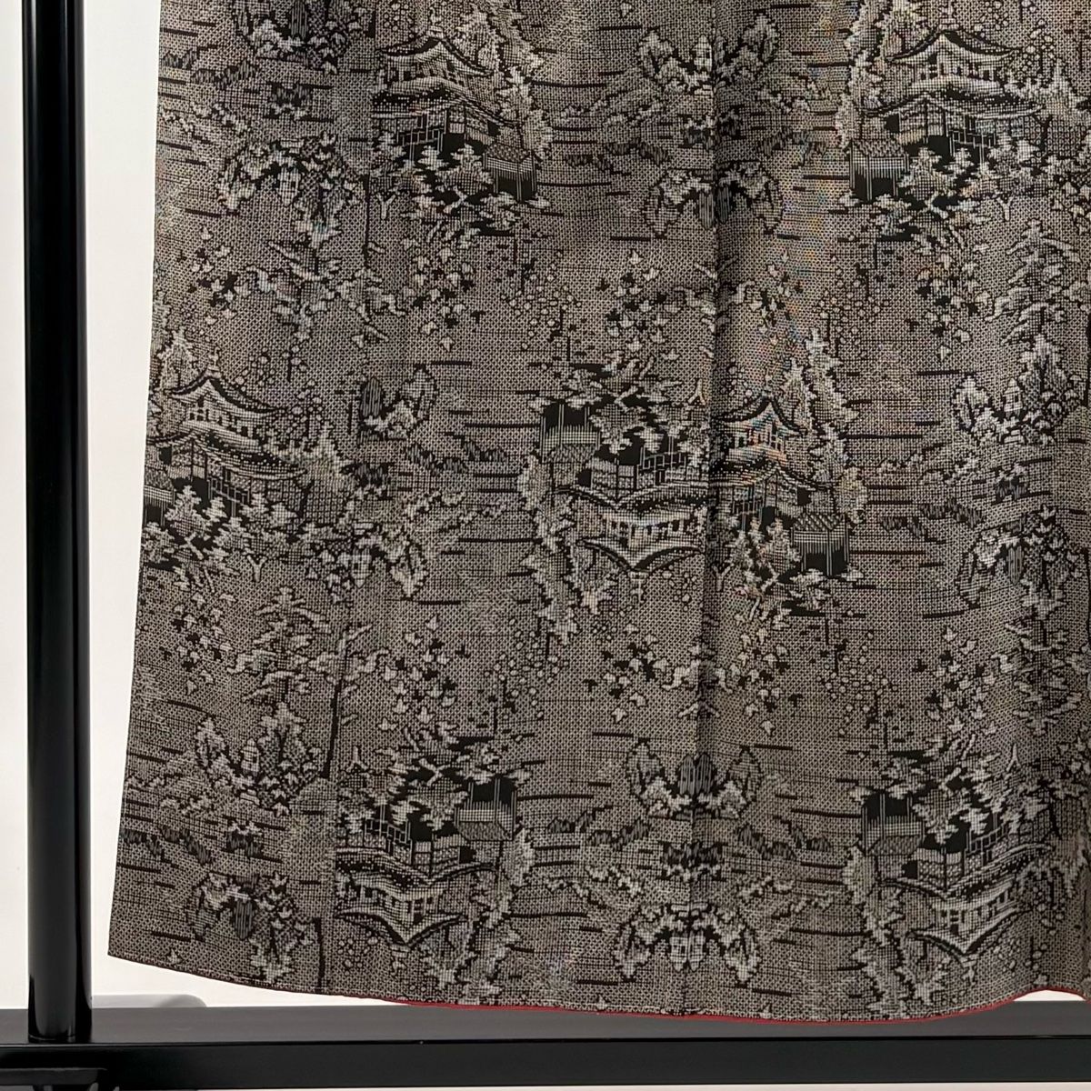 紬 身丈155.5 cm 裄丈66 M 袷 建物 樹木 焦茶色 正絹 秀品