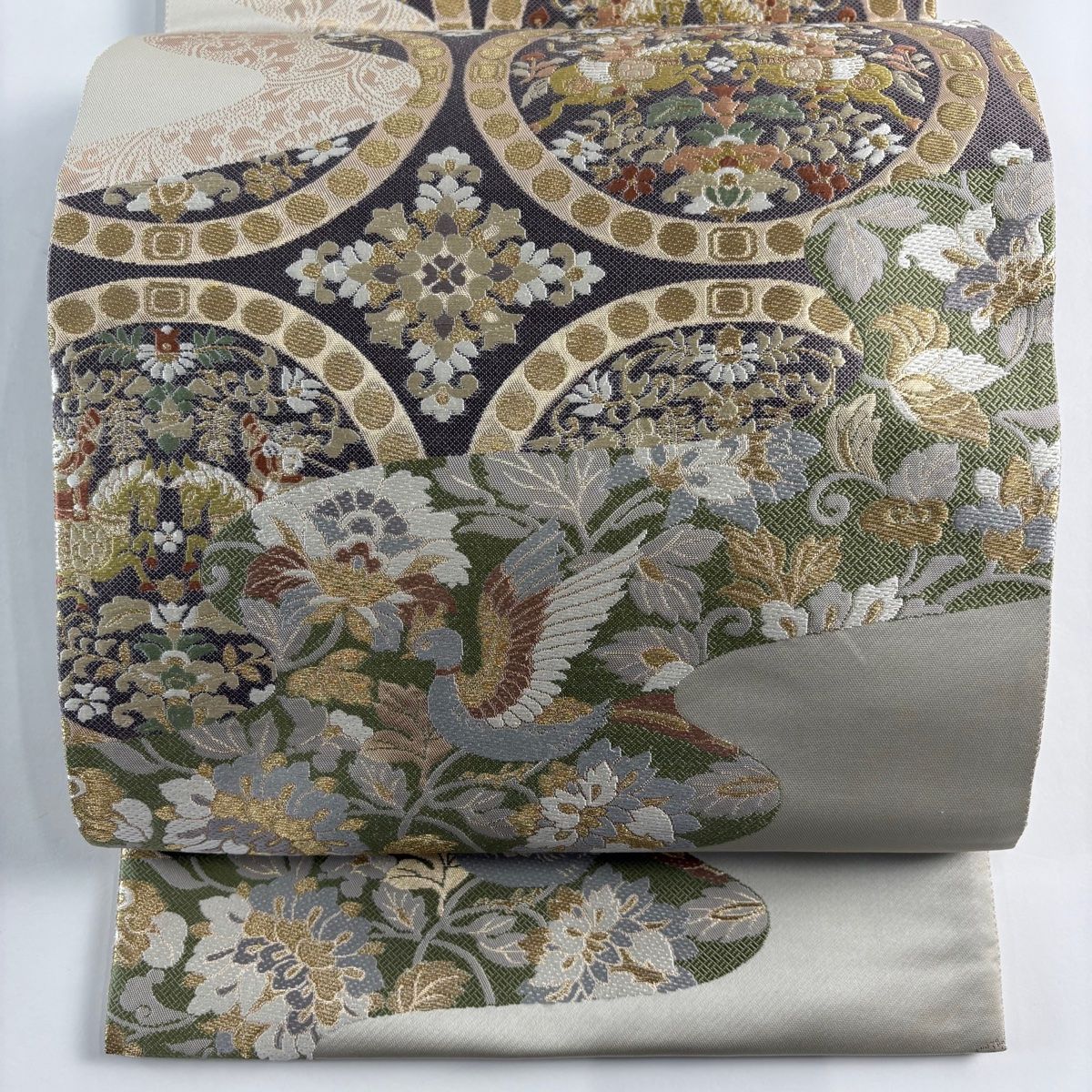 美品】 袋帯 秀品 やまと 狩猟文 花鳥 金糸 箔 灰紫 六通 正絹 【中古