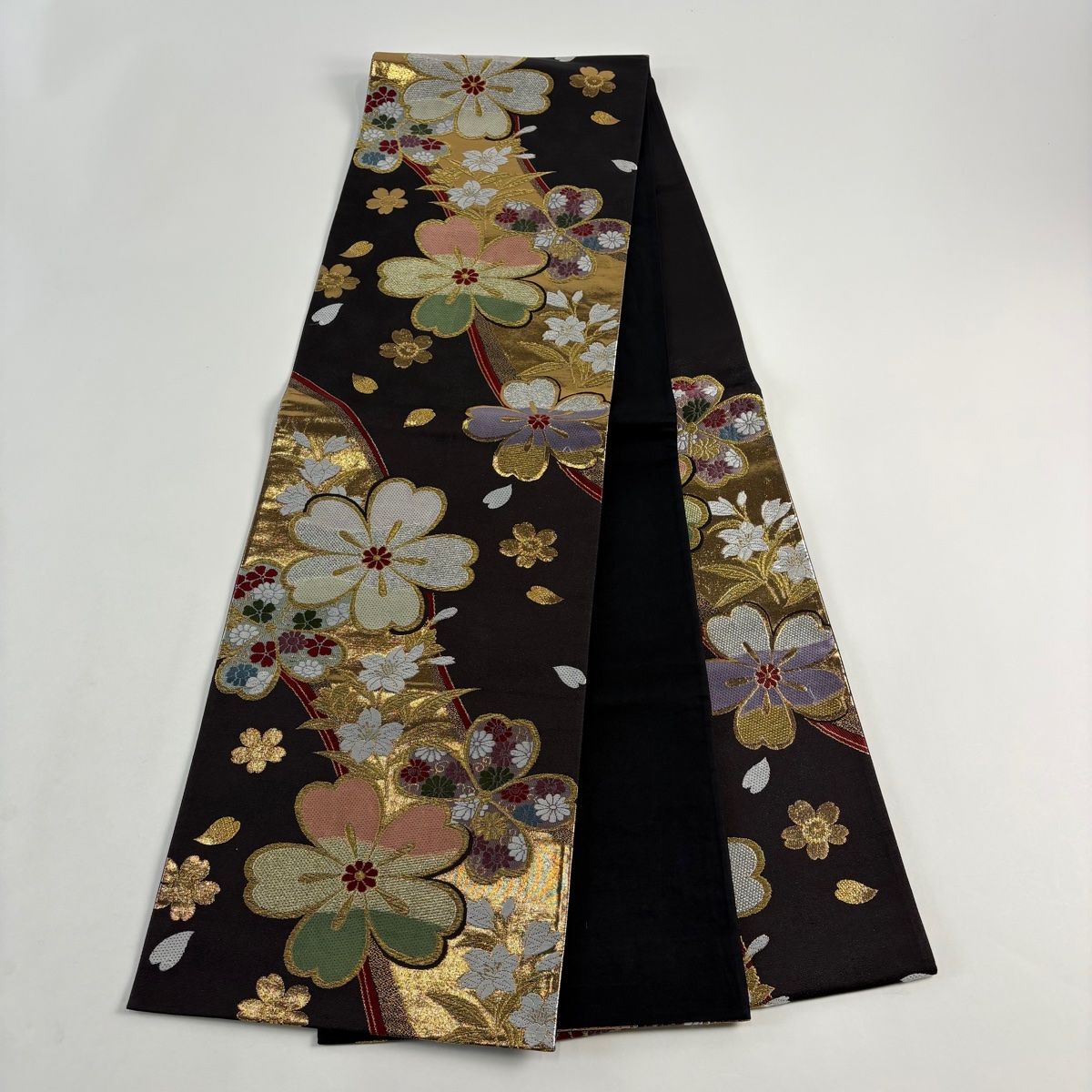 美品】 袋帯 秀品 桜 草花 墨色 六通 正絹 【】