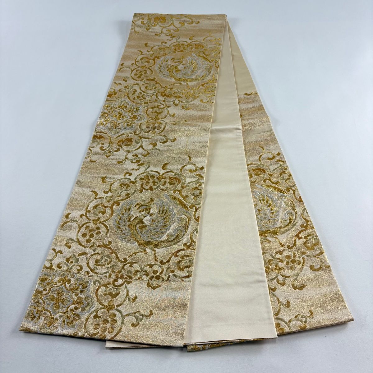 美品】 袋帯 秀品 鳳凰 花唐草 金糸 箔 金色 六通 正絹 【中古