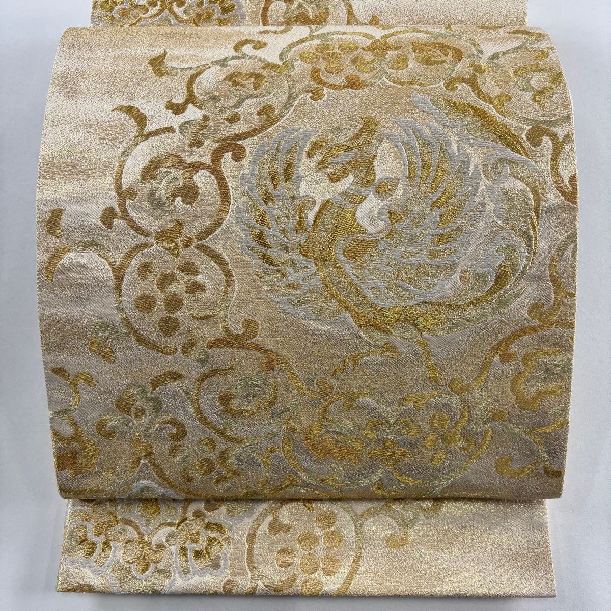 美品】 袋帯 秀品 鳳凰 花唐草 金糸 箔 金色 六通 正絹 【中古