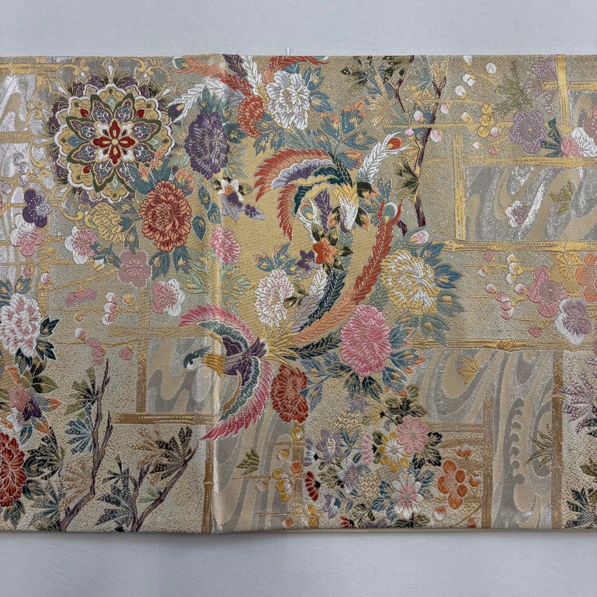  袋帯 秀品 尾長鳥 草花 金糸 箔 銀色 六通 正絹 袋帯 帯