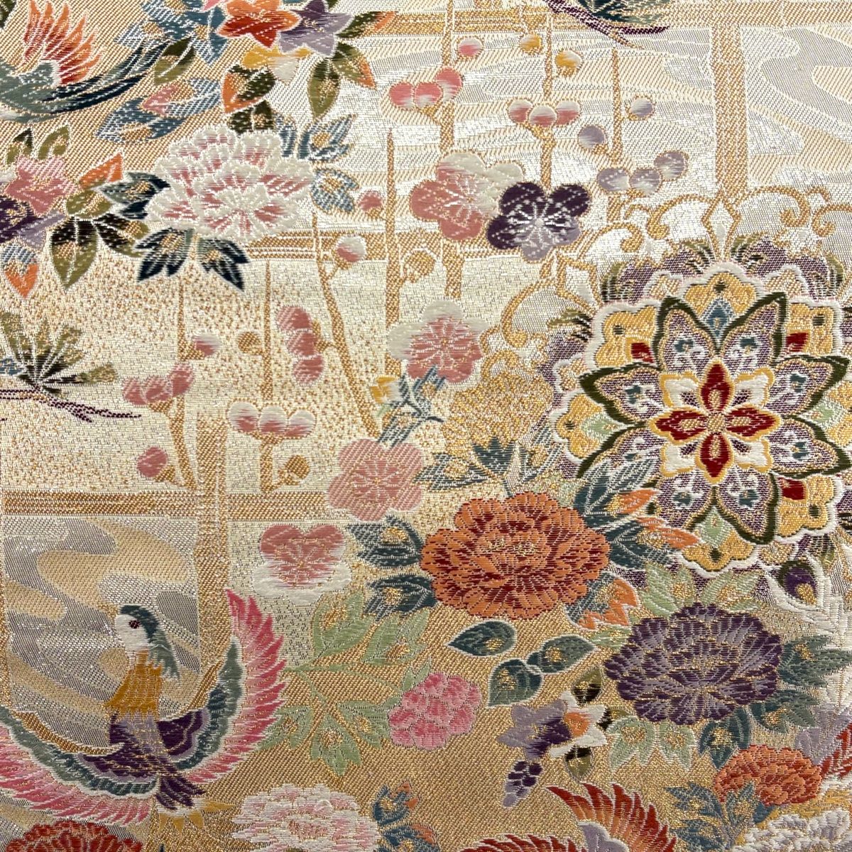 袋帯 秀品 尾長鳥 草花 金糸 箔 銀色 六通 正絹